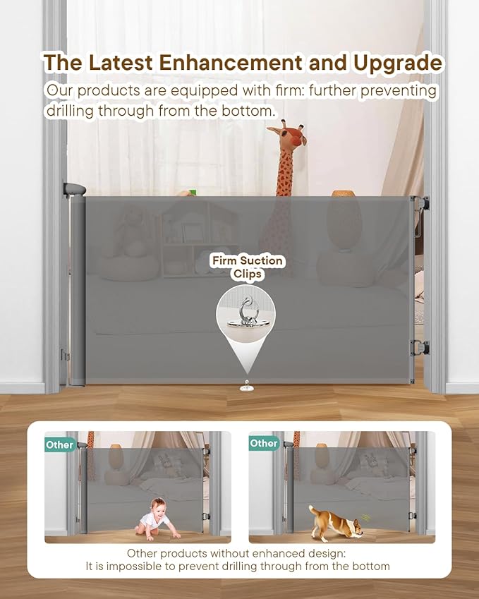 Retractable Baby Gates | 55" Wide x 34" Tall Dog Gates | One-Hand Operation | Baby Gates for Stairs, Doorways, Deck, Porch, Hallways, Patio - Gray