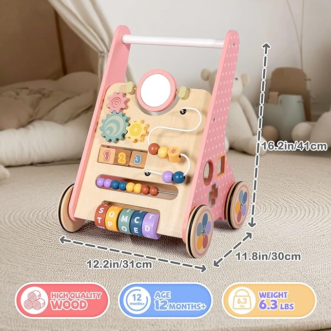 BAUTIA Wooden Baby Walker, Push Walker for Baby Girl 10-12 Months, Montessori Walker Push Toy for Toddlers Learning to Walk