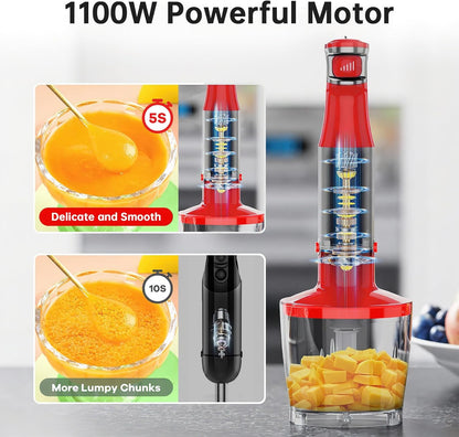 Turelar Immersion Blender Handheld Corded Hand Blenders Set 1100W, Trigger Variable Speed 5 in 1 Stick Emulsifier with Chopper, Whisk and Frother for Soup, Baby Food and Smoothies, Orange