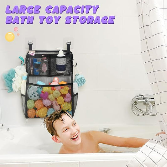 Goowin Bath Toy Storage Holder, Large Openings Bath Toy Organizer, Large Capacity Mesh Bathtub Toy Storage, Multi Use Bath Tub Toy Holder for Bathroom (Black)