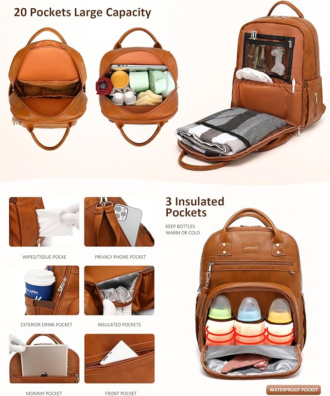 ROSEGIN Premium Vegan Leather Diaper Bag Backpack with Waterproof Changing Pad, Reinforced Zippers & Odor-Free, 20 Pockets Pro Organizer, Fits 15.6" Laptop, Stroller Straps, Baby Bag for Mom, Brown