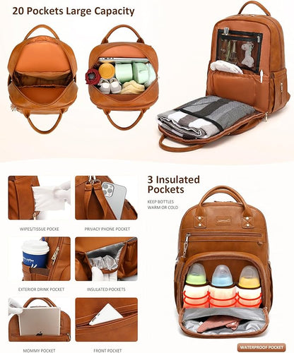 ROSEGIN Premium Vegan Leather Diaper Bag Backpack with Waterproof Changing Pad, Reinforced Zippers & Odor-Free, 20 Pockets Pro Organizer, Fits 15.6" Laptop, Stroller Straps, Baby Bag for Mom, Brown