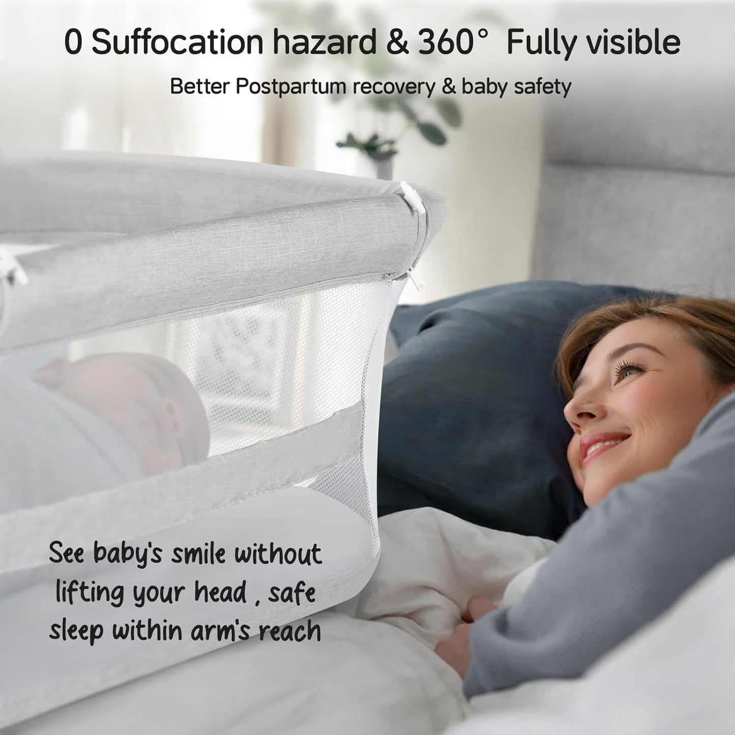 Cowiewie Bassinet Bedside Sleeper,Baby Bassinet Slides Over Bed,5-Position Height Adjustment & Breathable All-Mesh Wall Bedside Bassinet for Baby,Space-Saving Bedside Crib, Height(37.4-41.3"), White
