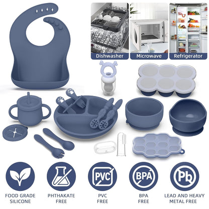 16 Pack Silicone Baby Feeding Set, BPA-Free Baby LED Weaning Supplies, Include Suction Plates, Baby Bowls, Silicone Fork & Spoon, and More, First Stage Baby Food Eating Utensils - 6+ Months(Blue, 16)