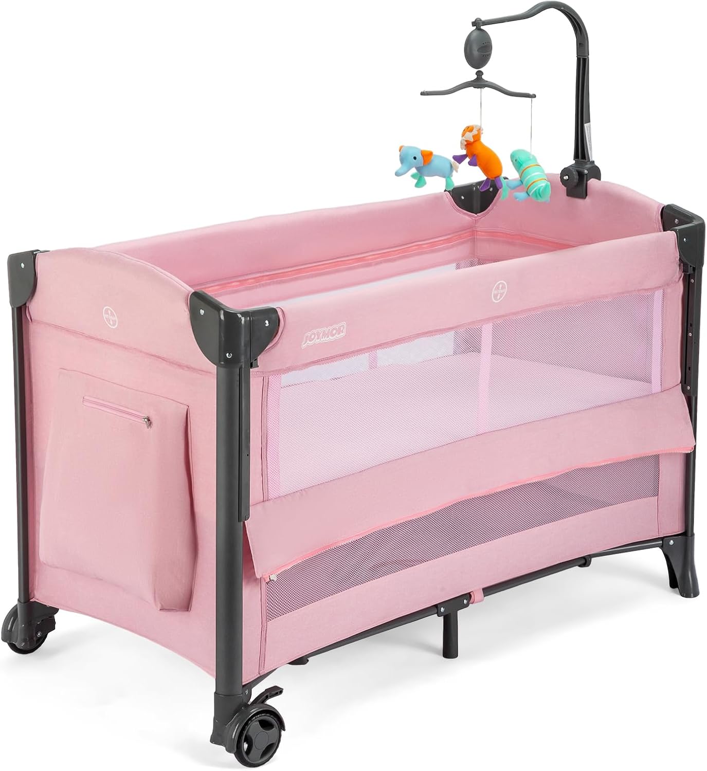 JOYMOR Baby Bedside Bassinet, Baby Bassinet, Pack n Play Convert Playpen, Quick Foldable Travel Bed with Wheels & Brake, Carry Bag for Boys Girls (Gray)