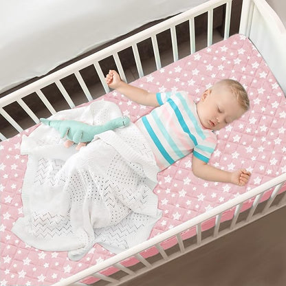 Crib Mattress Protector Waterproof 2 Pack, Quilted Crib Mattress Pad Cover 52" x 28" Extra Soft Breathable Toddler Bed Cover Stretch Up to 8", Pink & White Star