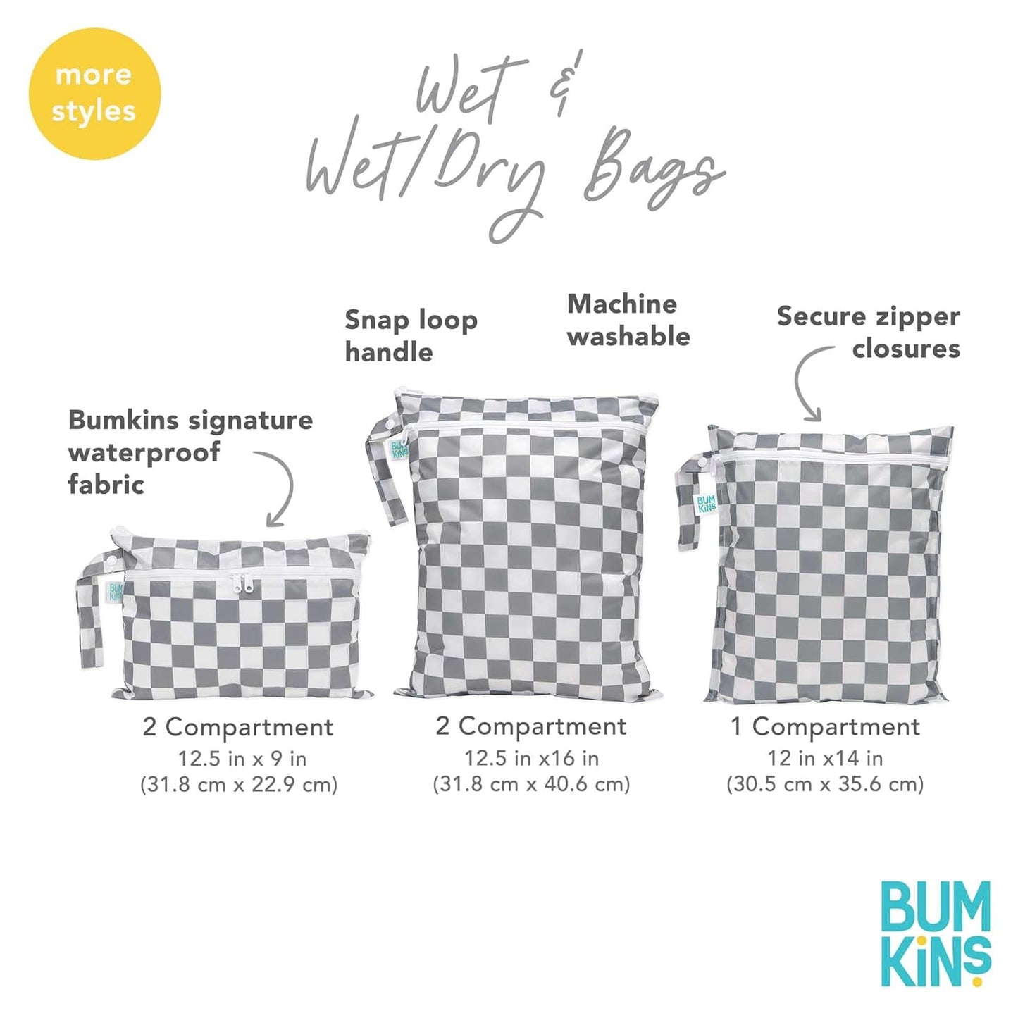Bumkins Roamio Waterproof Wet Bag for Baby, Travel, Swim Suit, Cloth Diapers, Pump Parts, Pool, Beach, Gym Clothes, Toiletry, Hook to Stroller, Daycare, Zip Reusable Wetdry Packing Pouch, Multi Check - Colors B
