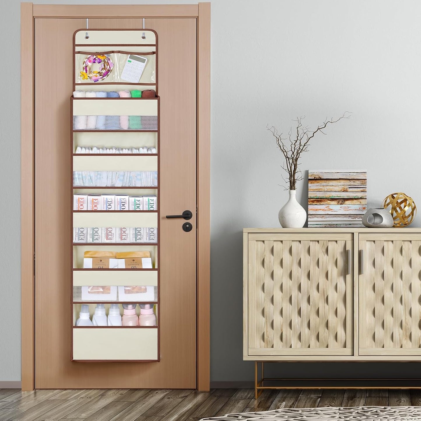 Univivi Over The Door Organizer, 5 Shelf Door Hanging Organizer Nursery Door Storage with 4 Large Compartments and 2 Small PVC Pockets 6 Side Pockets for Bathroom,Cosmetics and Nursery Baby Essential