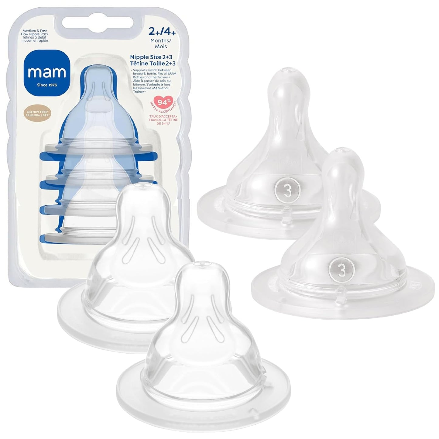 MAM Baby Bottle Nipple Mixed Flow Pack, Fast Flow Size 3 & Extra Fast Flow Size 4, Newborns 4+ Months, Skin Soft BPA Free Silicone, 94% Nipple Acceptance, Fits All MAM Bottles, 4 Pack, Made in Europe