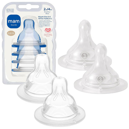 MAM Baby Bottle Nipple Mixed Flow Pack, Fast Flow Size 3 & Extra Fast Flow Size 4, Newborns 4+ Months, Skin Soft BPA Free Silicone, 94% Nipple Acceptance, Fits All MAM Bottles, 4 Pack, Made in Europe
