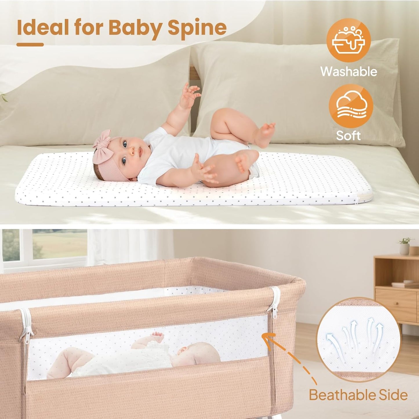 JOYMOR 3 in 1 Baby Bassinet, Bedside Bassinet for Baby, with Comfy Mattress and Wheels, 6 Height Adjustable Easy Folding Portable Bedside Crib for Newborn (Black)