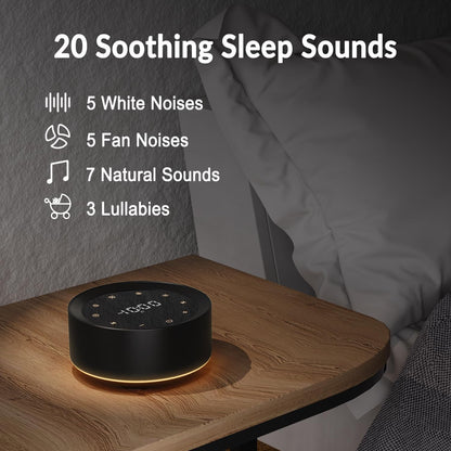 White Noise Machine with Alarm Clock & Night Light for Babies and Adults, 20 Soothing Sounds, Glare-Free Upward Display, Touch Control, Memory Function, 5 Sleep Timers, Black