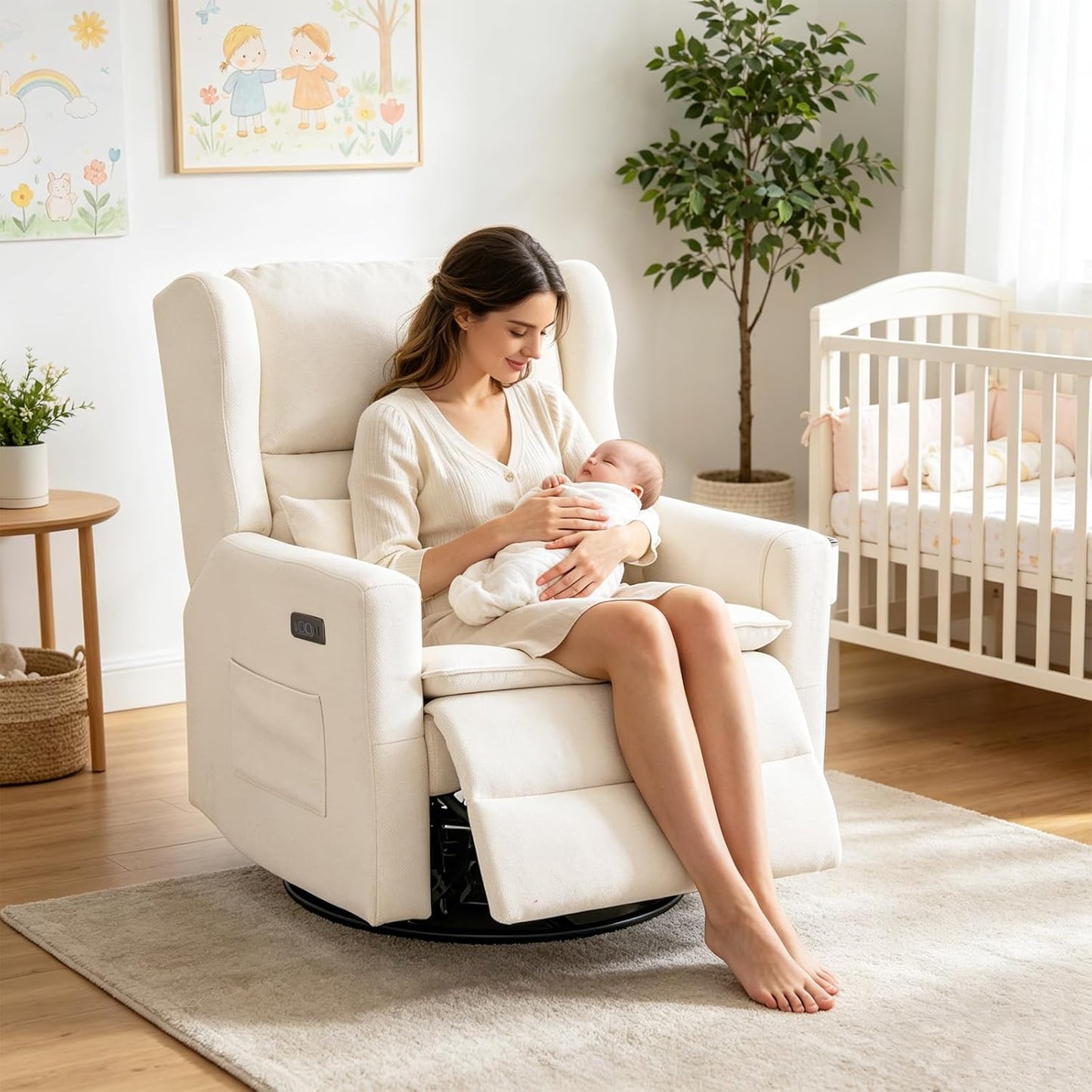 Large Glider Rocker Recliner,Rocking Chair Nursery with Adjustable Headrest,Swivel Rocker Recliner with Lumbar Support,Manual Nursery Rocker Recliner for Living Room& Bedroom,Chenille White