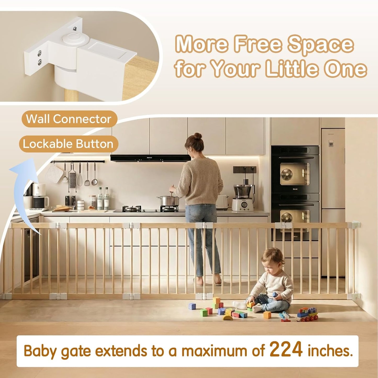 Baby Playpen, Foldable Wooden Play Yard with Gate, Playpen for Babies and Toddlers, Adjustable Baby Activity Center with Child Proof Lock, Fence Play Area for Toddlers 6 to 36 months(56*83*24inch)