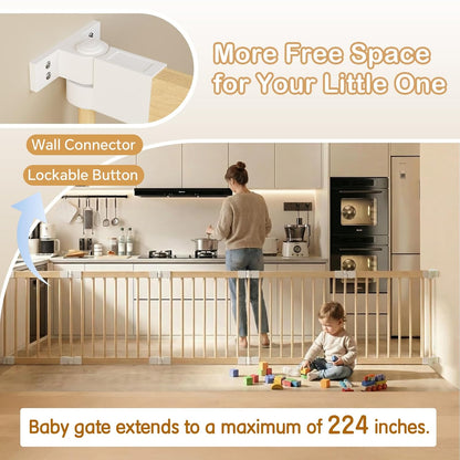 Baby Playpen, Foldable Wooden Play Yard with Gate, Playpen for Babies and Toddlers, Adjustable Baby Activity Center with Child Proof Lock, Fence Play Area for Toddlers 6 to 36 months(56*83*24inch)