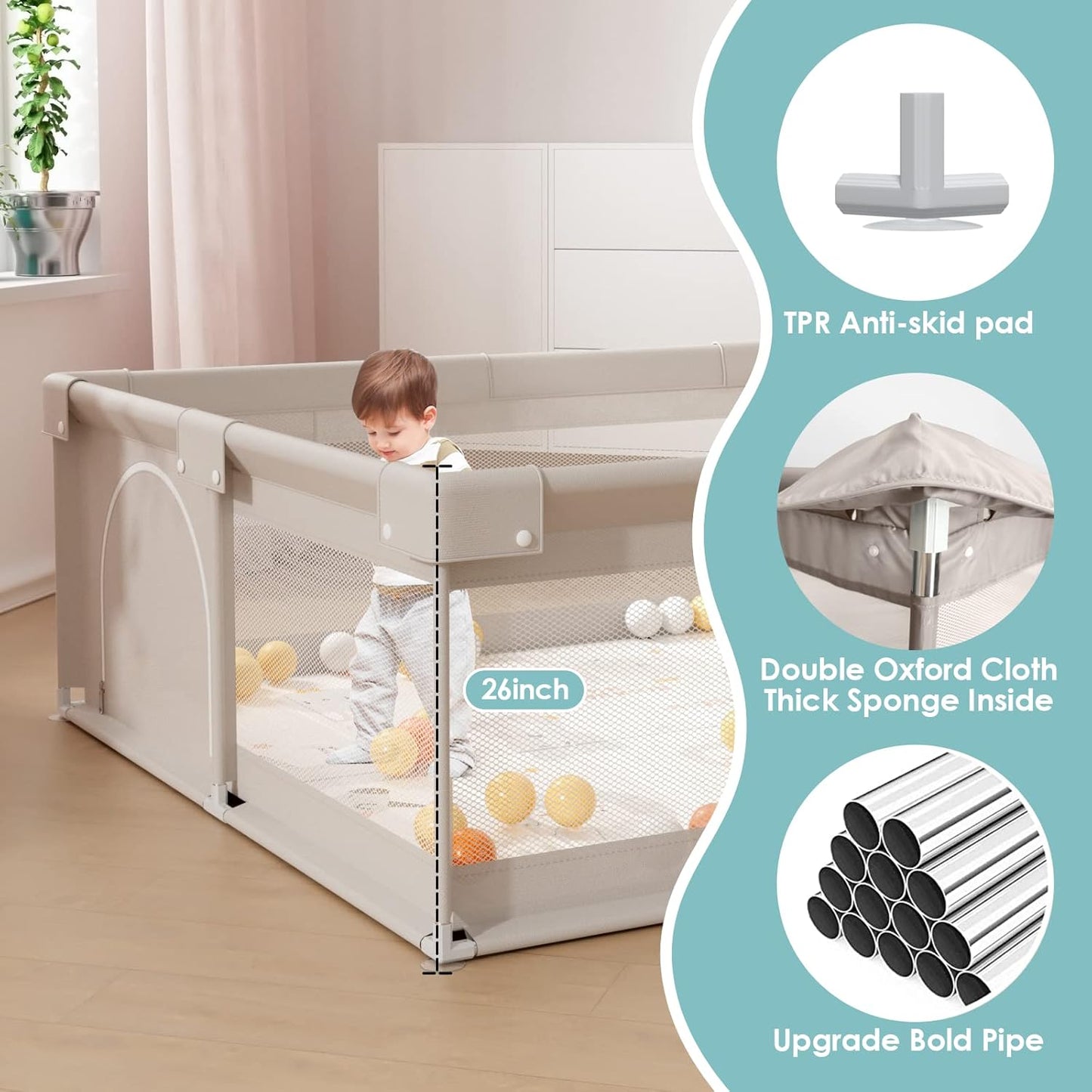 ZEEBABA Baby Playpen with Mat, Playpen for Babies and Toddlers, Small Baby Play Pens, Play Yard for Infants with Play Mat, 47x47inch Playard with Gate