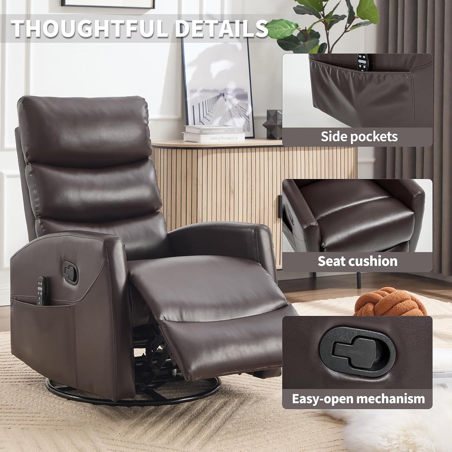 Massage Chair Recliner with Heat, Swivel Rocking Chair Recliner with High Back, Manual Nursery Recliners for Adults,Small Recliner Chair for Small Spaces, Living Room Bedroom, Fabric (Blue Green)