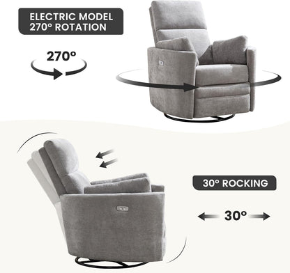 Power Recliner,Nursery Swivel Glider Rocking Chair with USB Port,Upholstered Adult Electric Recliner Rocking Chair with 2 Pillows for Living Room Bedroom (Beige Corduroy, Power-Driven)