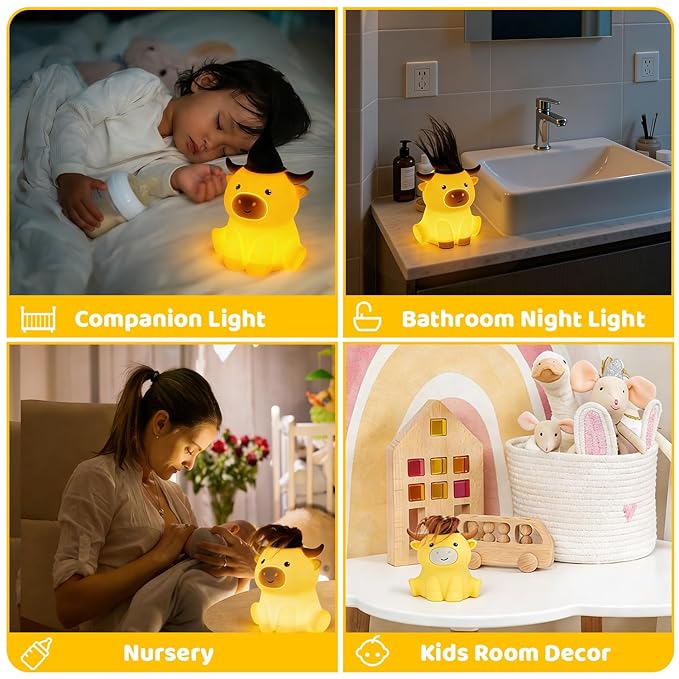 Amaredom Highland Cow Night Light, Cute Silicone Cow Lamp, Dimmable Rechargeable LED Bedside Lamp with 20 Minutes Timer & Tap Control for Nursery, Baby Girls, Women, Bedrooms, Living Room