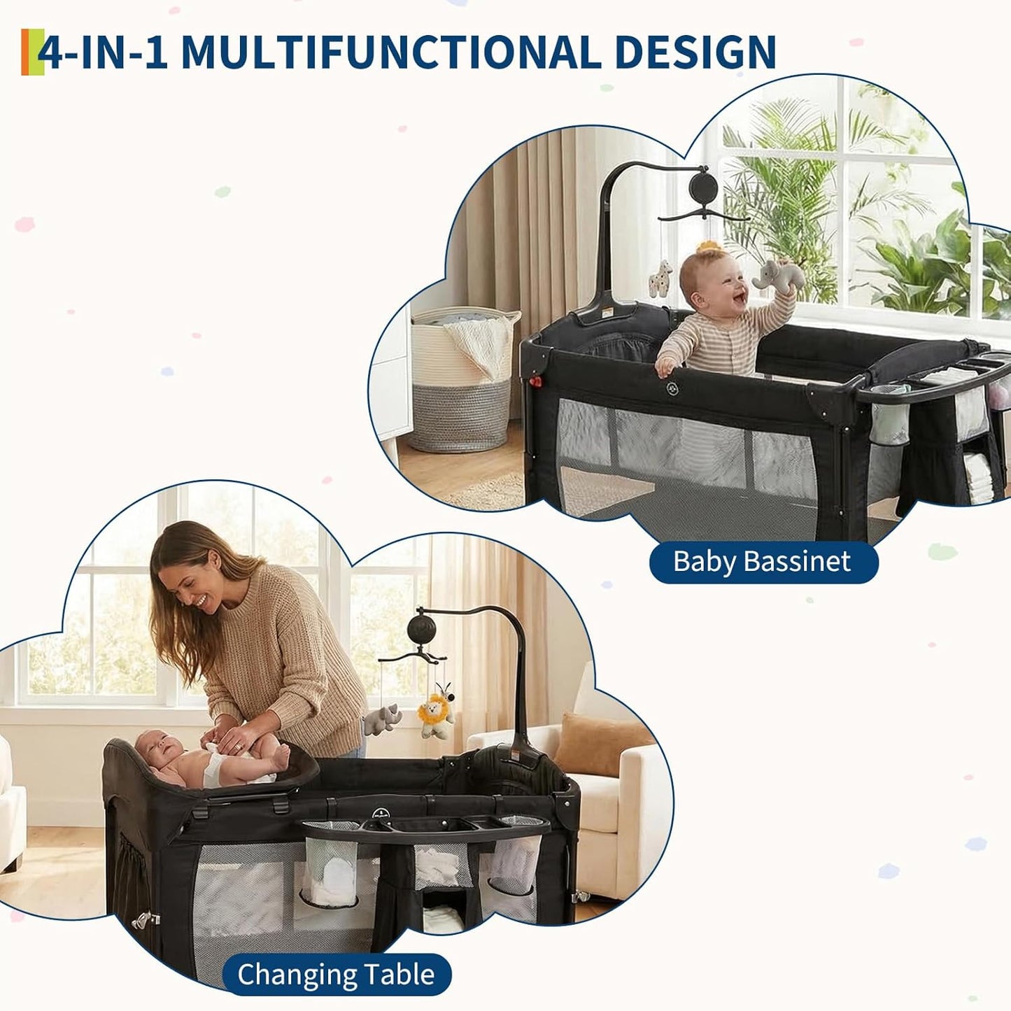 4 in 1 Baby Playard, Portable Bedside Crib with Rocking Bassinet & Diaper Changer, Infant Pack and Play with Mattress, Large Toddler Playpen, Newborn Changing Table, Storage Pocket & Rotating Toy Bar