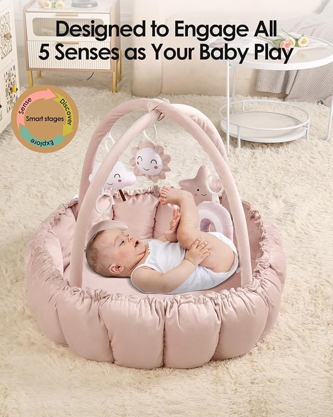 5-in-1 Convertible Baby Gym Play Mat with Hanging Toys, Soft Padded Activity Center & Ball Pit, Plush Tummy Time Mat for Newborns to Toddlers, Machine Washable, Pink