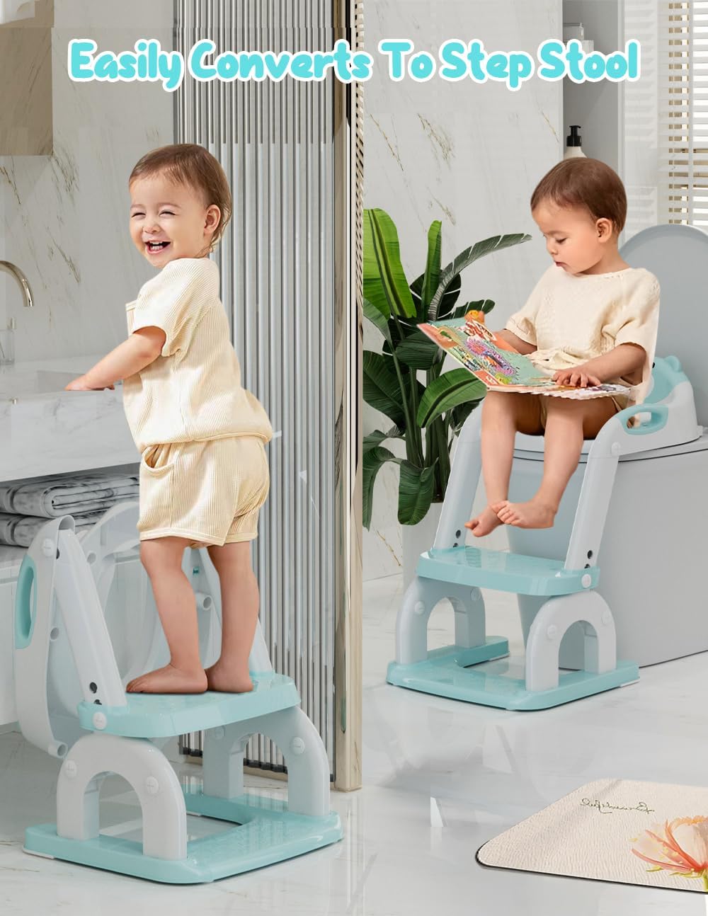 Potty Training Seat with Step Stool, Toddler Potty Training Toilet Seat with Non-Slip Step Splash Guard Safety Handles and Waterproof Cushion, 2 In 1 Toddler Potty Seat