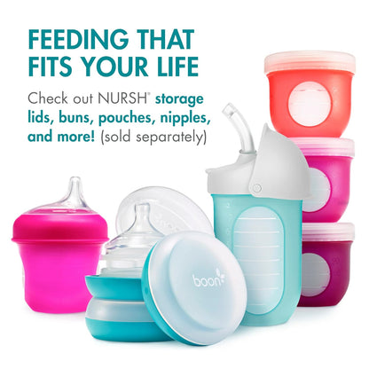 Boon Nursh Reusable Silicone Pouch Baby Bottles - Medium Flow Nipple - Silicone Baby Bottle Pouch and Nipple - Baby Feeding Essentials - Gray - 3-6 Months - 3 Count - 8 Ounce