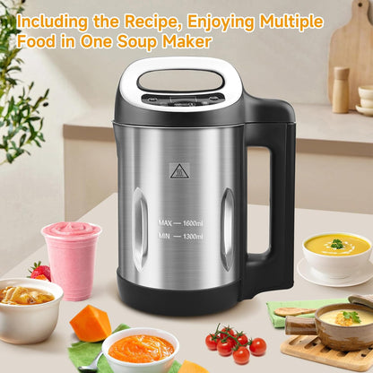 Homtone 1.6L Soup Maker Machine, Stainless Steel Soup Maker Blender with Smooth & Chunky Settings, Anti-Dry Burn, Overfill Sensors, Ideal for Quick Soups, Baby Food