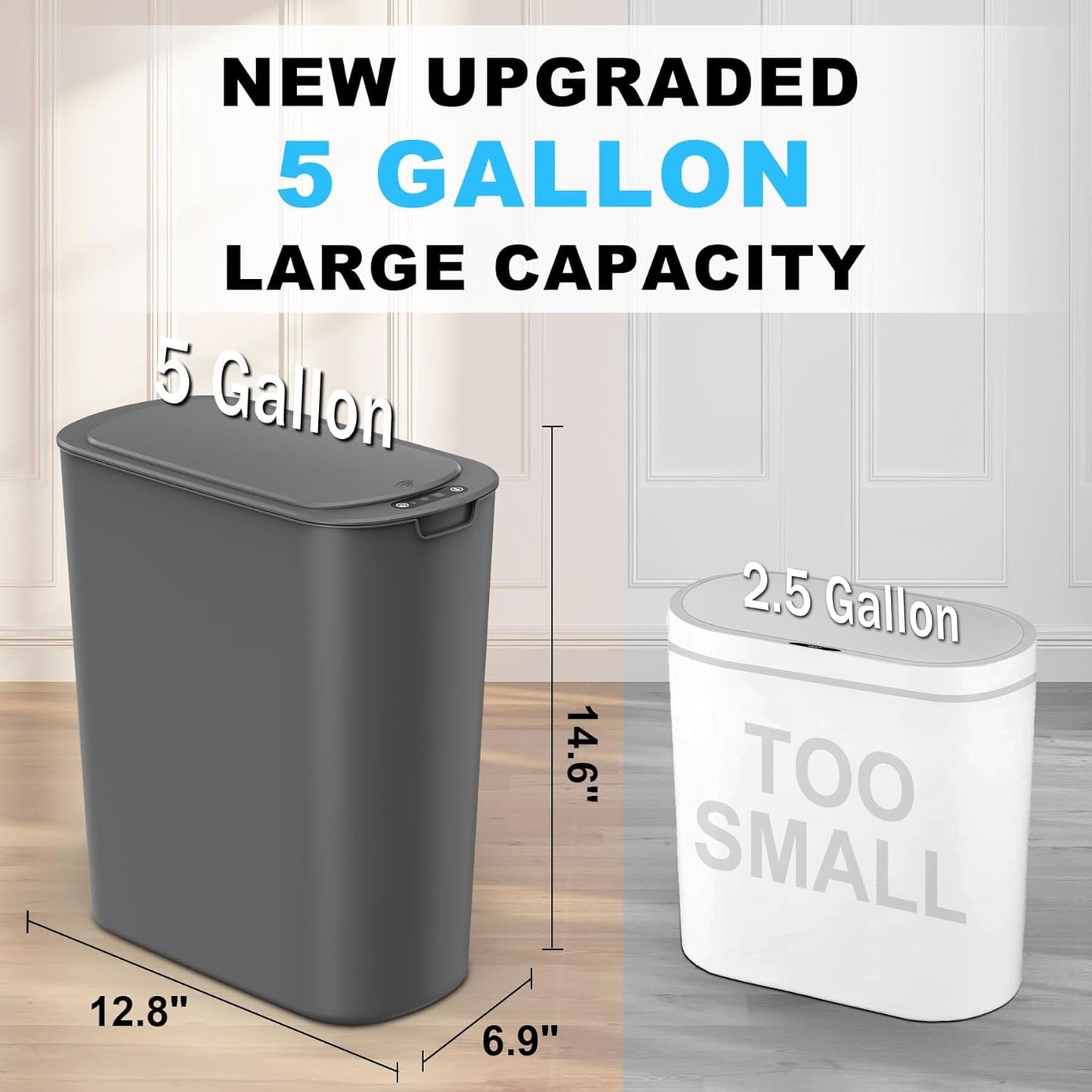 Cesun Motion Sensor Trash Can, 5 Gallon Automatic Bathroom Garbage Can with Lid, Touchless Smart Plastic Slim Wastebasket for Bathroom, Office, rv, Bedroom, Living Room, White
