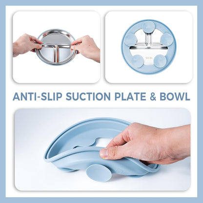 7 Pieces 304 Stainless Steel Baby & Toddler Feeding Set - Suction Divided Plates, Bowls, Silicone & Stainless Spoon Fork,Pocket Bib Unbreakable, Dishwasher Safe Kids Dinnerware Essentials (Blue)