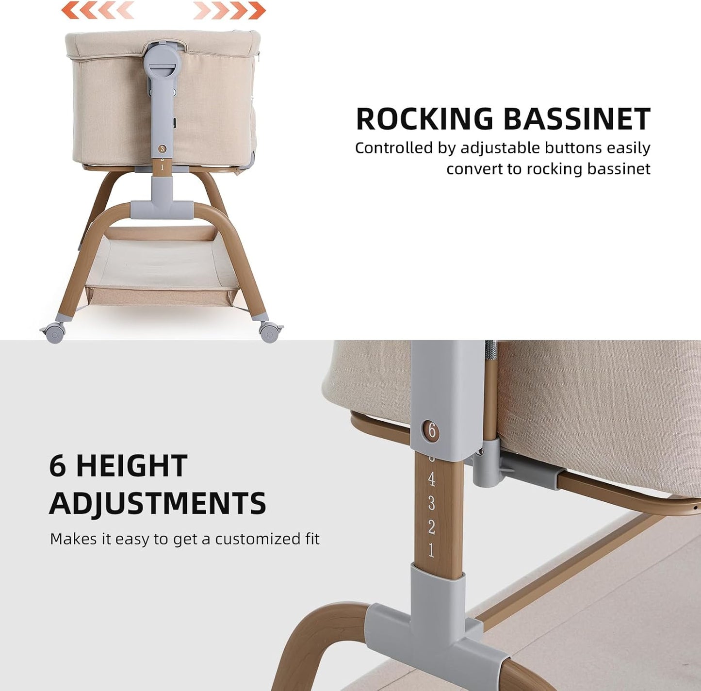 ANGELBLISS 3 in 1 Baby Bassinet, Rocking Bassinets Bedside Sleeper with Comfy Mattress and Wheels, 6 Height Adjustable Easy Folding Portable Bedside Crib for Newborn Infant (Khaki)
