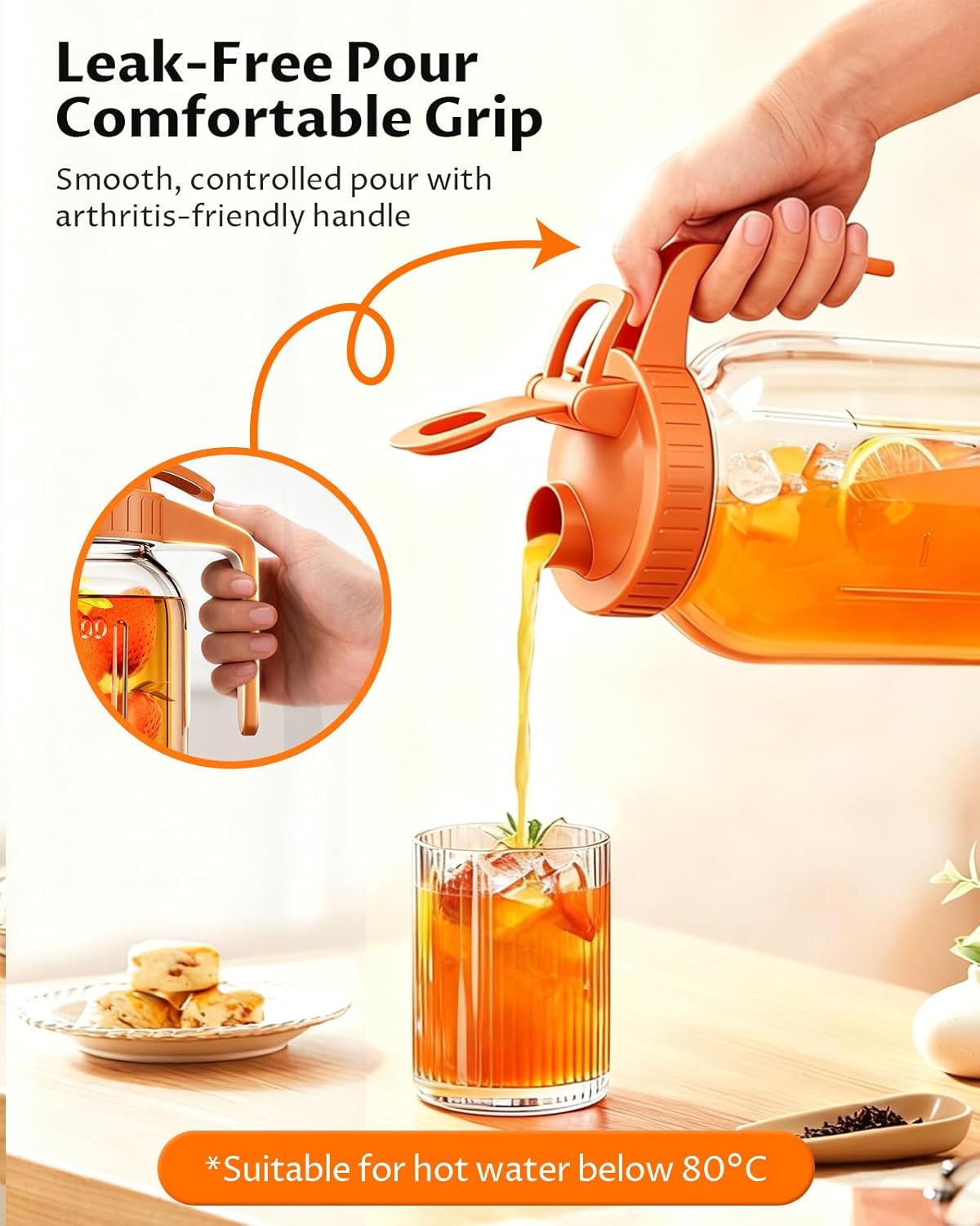 64oz Glass Breast Milk Pitcher with Lid & Pour Spout, 2 Quart Airtight Leakproof BreastMilk Fridge Storage Container - Wide Mouth, Dishwasher Safe Formula Pitcher with Handle
