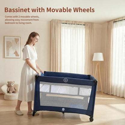 Babilous Pack and Play, Baby Bassinet with Wheels, Foldable Baby Playard for Travel, Easy Carry Bedside Bassinet, Mini Pack n Play with Comfortable Mattress & Compact Space Saving Design, Grey