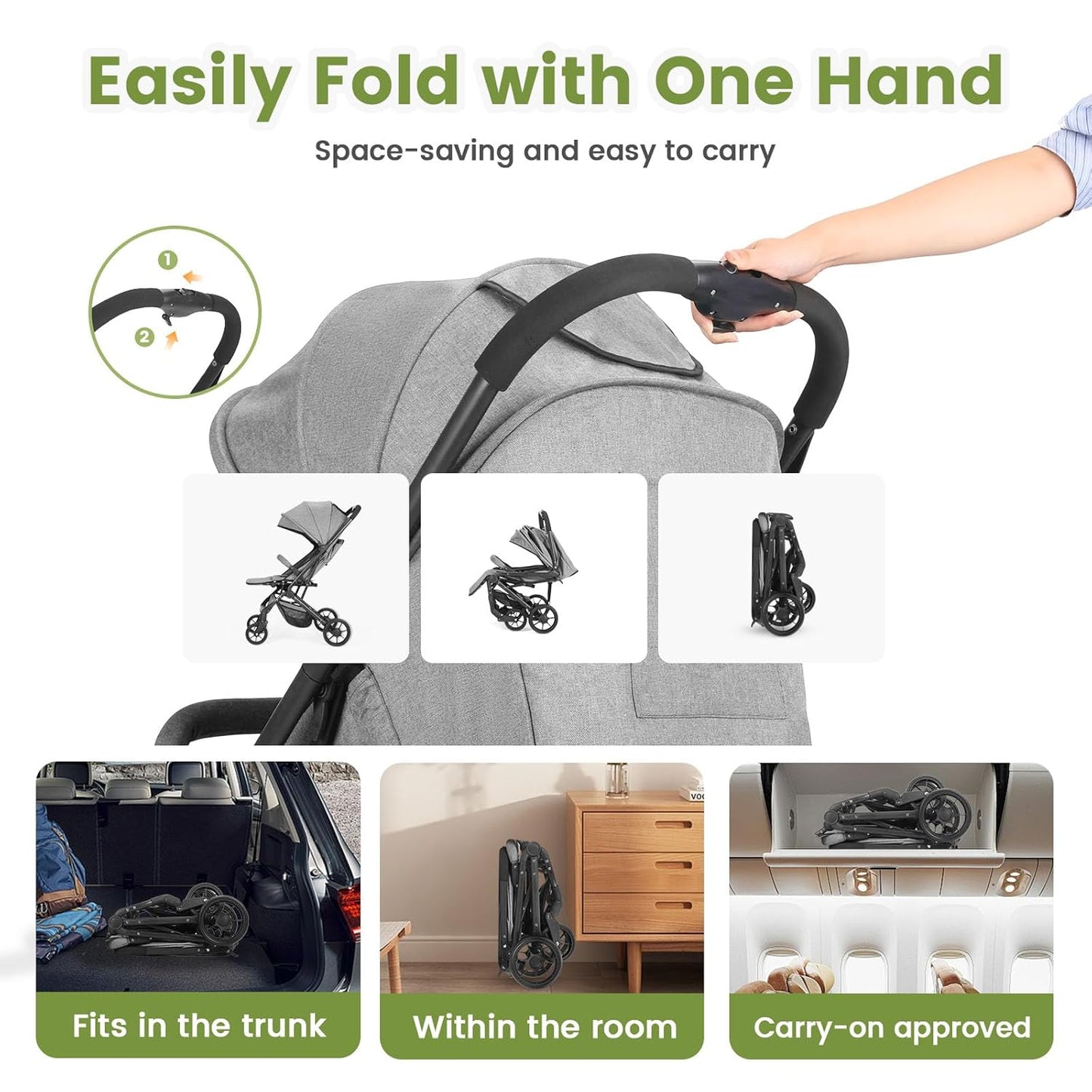 Compact Baby Stroller, Travel Toddler Seat Pushchair with Shock Absorbing Wheels, Foldable Infant Stroller with Canopy, One Button Brake, Convertible Infant Stroller for Toddler (Dark Grey)