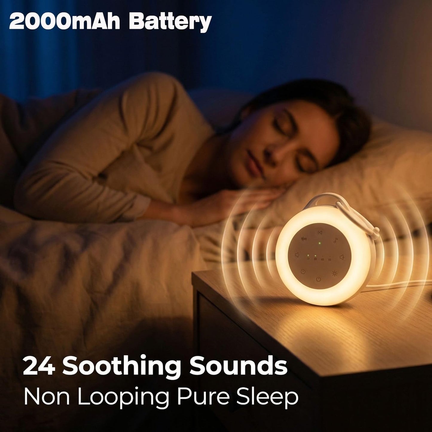 Portable White Noise Machine with Night Light & Bluetooth, 24 Seamless Sounds, 30H Rechargeable 2000mAh Battery, Sleep Sound Machine for Baby & Adults, Travel, Nursery & Home