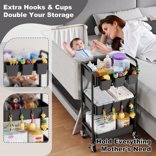 3 Tier Rolling Cart Metal with Lockable Wheels, Pink Three Tiered Diaper Caddy Cart Organizer on Wheels, Storage Utility Trolley Carts for Craft, Art, Nail, Lash, Baby Supplies, Cleaning, Mesh