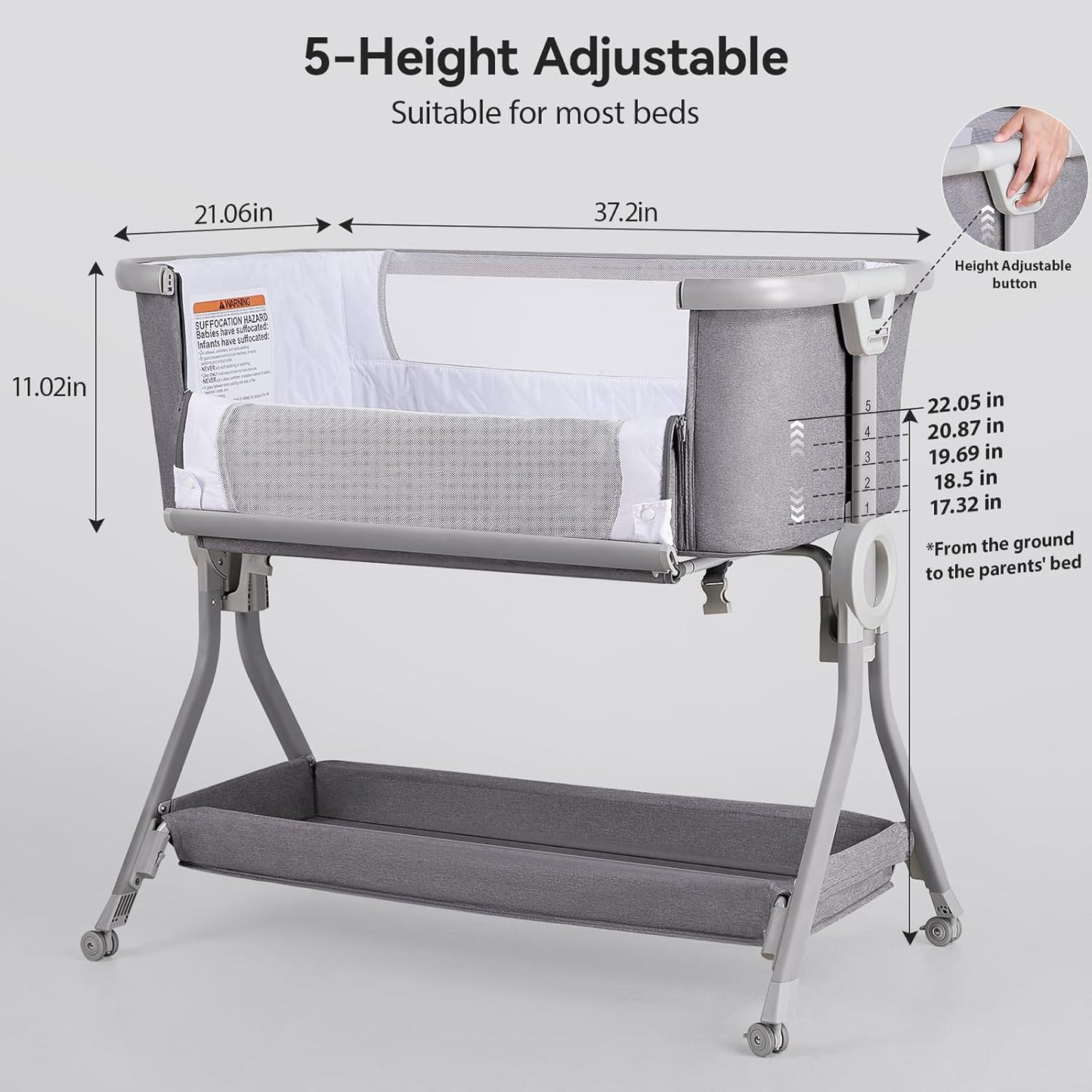 Larex Baby Bassinet Bedside Sleeper Crib Co Sleeper for Newborn Infant Toddler with Mosquito Net, Storage Bag & Basket, 5-Height Adjustable, Movable Wheels, Breathable Mattress & Mesh (Dark Gray)