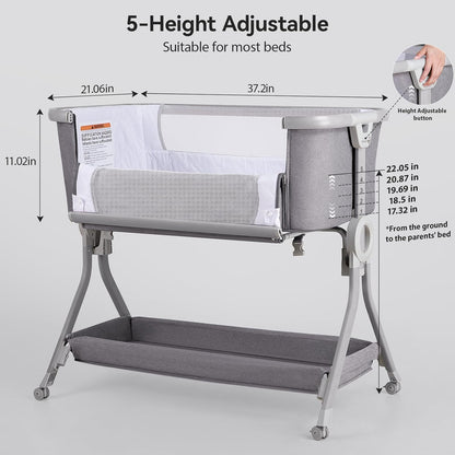 Larex Baby Bassinet Bedside Sleeper Crib Co Sleeper for Newborn Infant Toddler with Mosquito Net, Storage Bag & Basket, 5-Height Adjustable, Movable Wheels, Breathable Mattress & Mesh (Dark Gray)