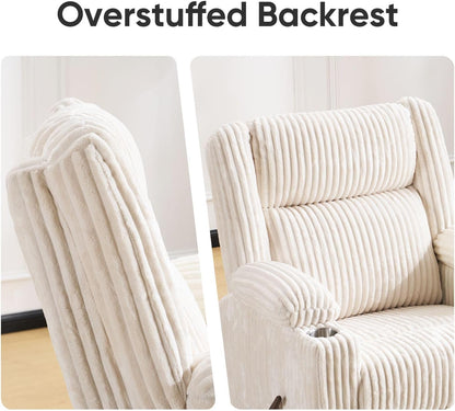 Oversized Power Recliner Chair with Massage and Heat, Swivel Rocker Recliner Chair for Adults with Arm Storage, Nursery Glider Recliner with Adjustable Headrest and Phone Stand, Side Pockets, Beige