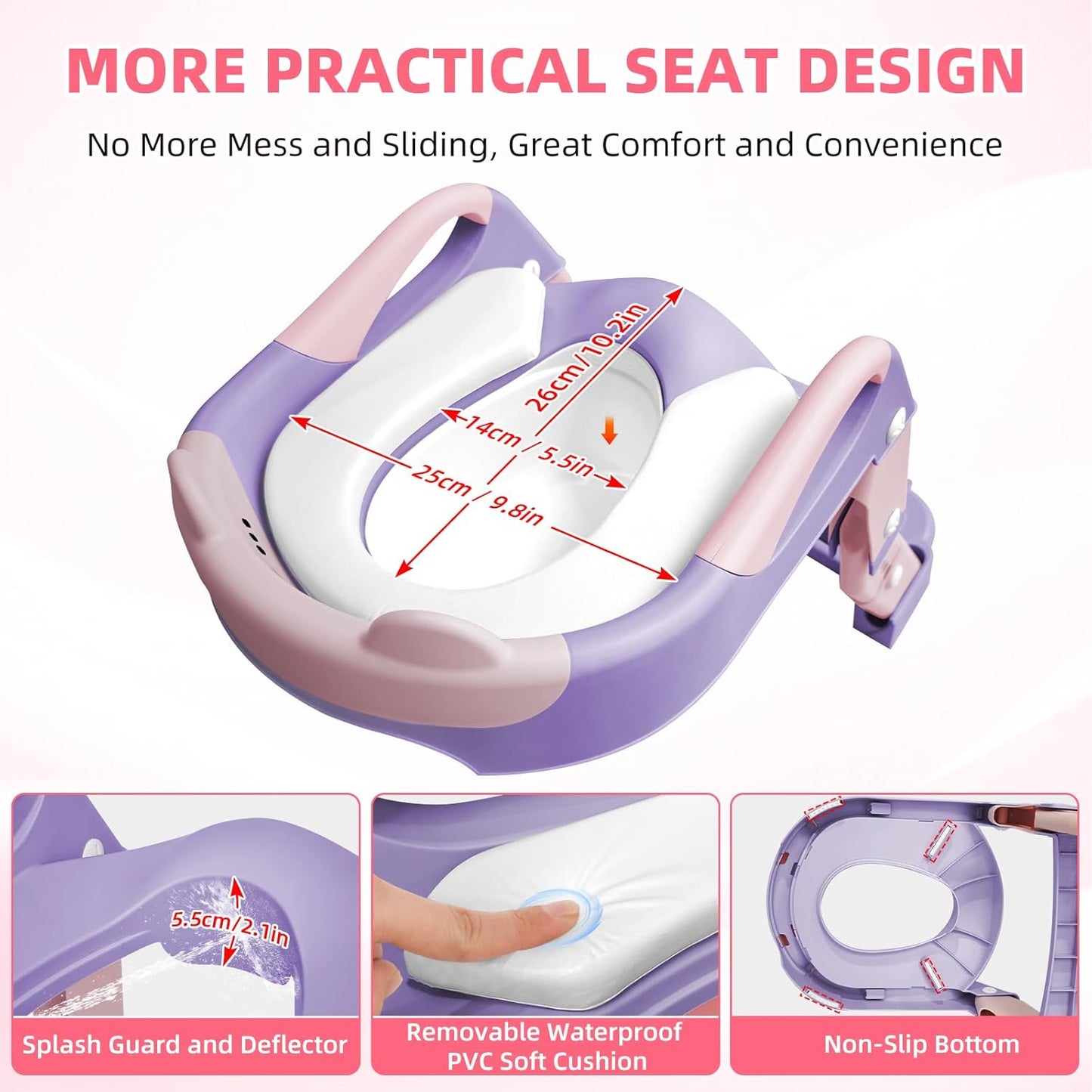 Potty Training Seat, Upgrade Toddler Toilet Seat for Kids Boys Girls, 3 in 1 Potty Training Toilet with Step Stool Ladder-Non Slip Foldable (Purple+Pink)