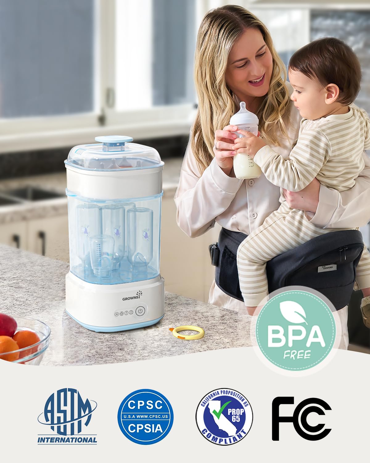 GROWNSY Bottle Sterilizer and Dryer, Compact Electric Steam Baby Bottle Sterilizer (Esterilizador de Biberones), Bottle Sanitizer for Baby Bottles, Pacifiers, Pump Parts
