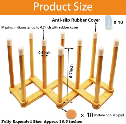 Bamboo Retractable Bottle Drying Rack Cup Dish Drying Racks,Sports Water Bottle and Mug Drainer Stand, Plastic Bag Dryer Rack and Multifunctional Drying Rack for Kitchen Countertop
