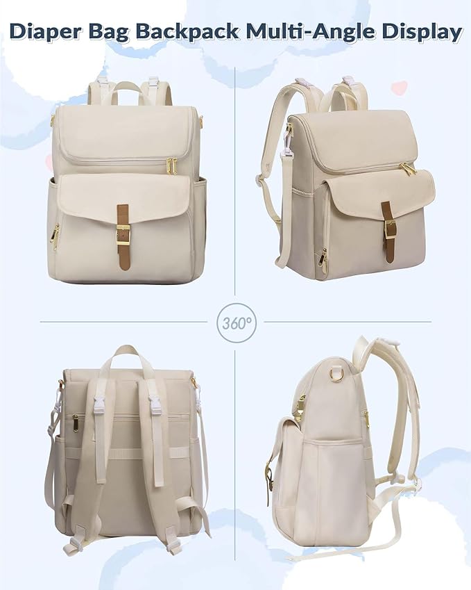 Diaper Bag Backpack, 15 Pockets Baby Bag, Girl Boy Travel Tote Bag with Insulated Pocket, Cute Diaper Bag Stroller Straps, Baby Shower & Registry Gift for Mom Dad Beige
