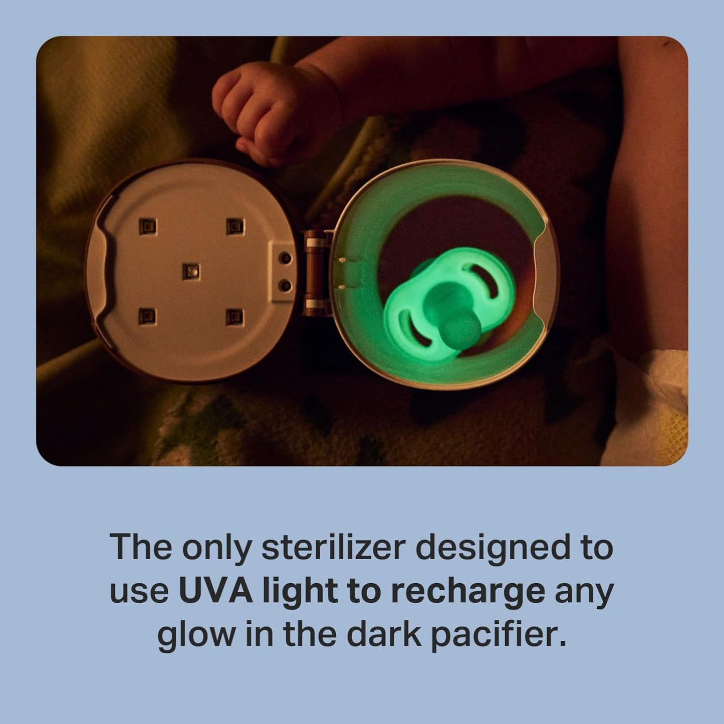 Tommee Tippee NightGlow Pod with 0-6 Month Ultra-Light NightGlow Pacifier, Charge Glow in the Dark Pacifiers in 2 Minutes, Portable UVC Paci Sterilizer, Adjustable Strap, AA Battery or USB Powered