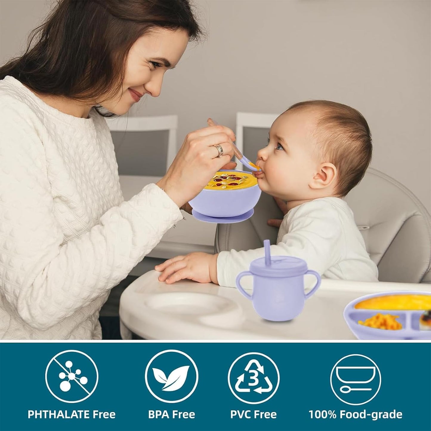 100% Silicone Baby Feeding Set, BPA Free Baby Dishes with Suction Bowl, Divided Plate, Toddler Self Feeding Dish Set with Spoons, Forks, Sippy Cup and Bib, Baby Eating Utensils (Navy Blue)