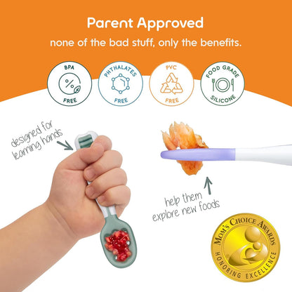 NumNum Baby Spoons Set, Baby Essentials Pre-Spoon GOOtensils for 6+ Months, First Stage Self-Feeding Spoons for Baby Led Weaning (BLW), Silicone Toddler Utensils, BPA-Free, 2 Pack Gray/Green