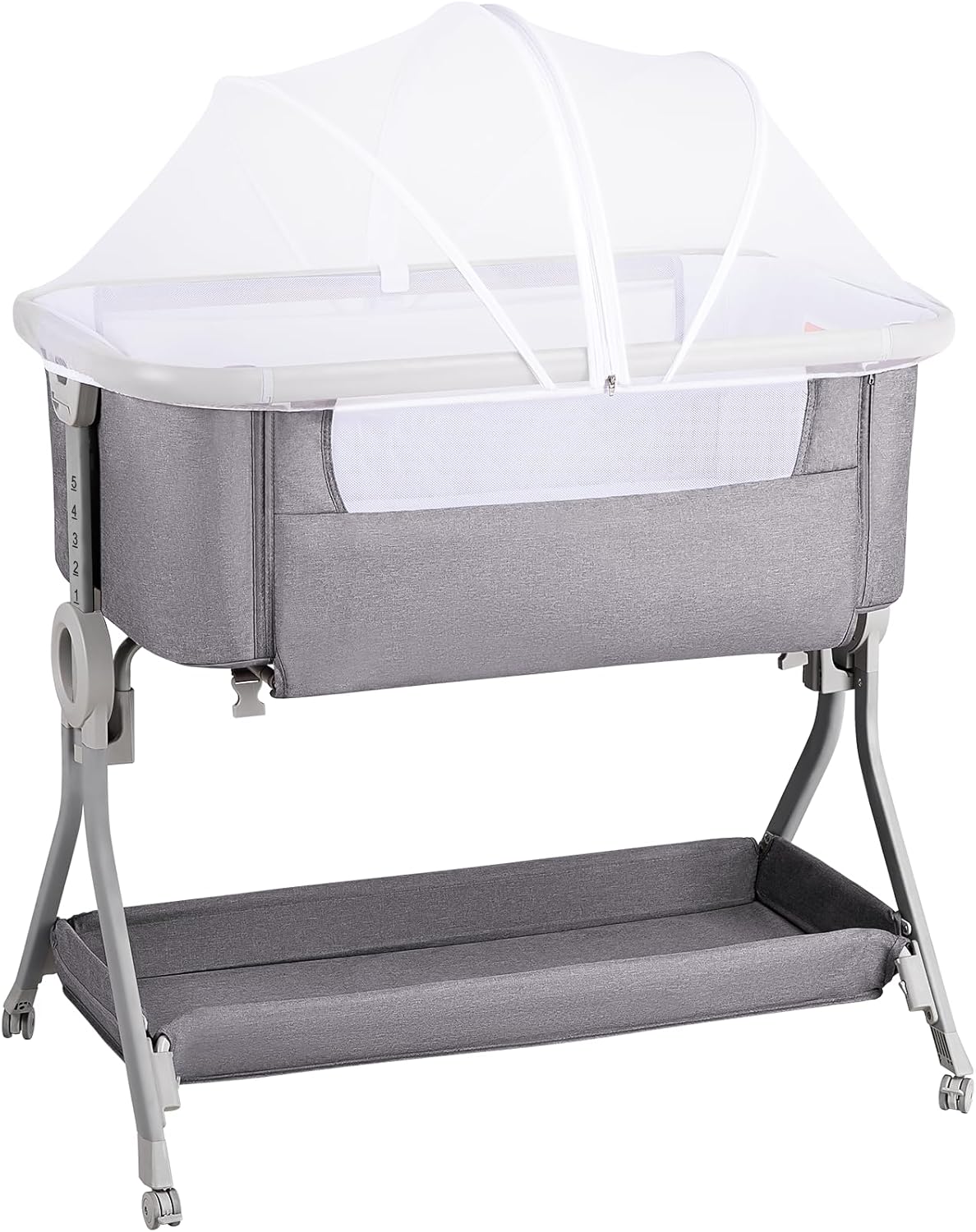 Larex Baby Bassinet Bedside Sleeper Crib Co Sleeper for Newborn Infant Toddler with Mosquito Net, Storage Bag & Basket, 5-Height Adjustable, Movable Wheels, Breathable Mattress & Mesh (Dark Gray)