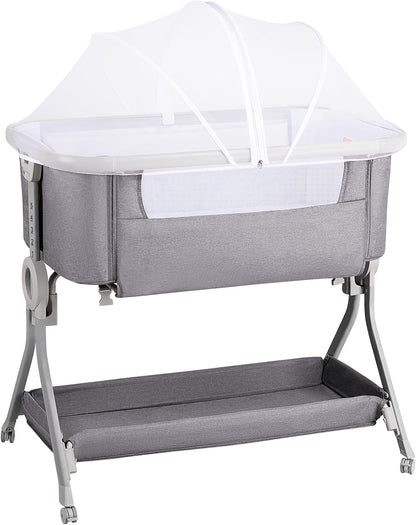 Larex Baby Bassinet Bedside Sleeper Crib Co Sleeper for Newborn Infant Toddler with Mosquito Net, Storage Bag & Basket, 5-Height Adjustable, Movable Wheels, Breathable Mattress & Mesh (Dark Gray)
