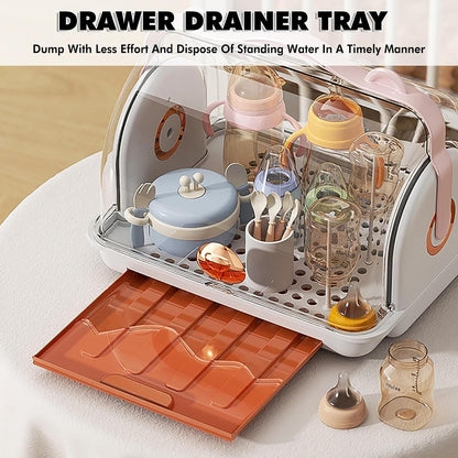 Baby Bottle Drying Rack Storage with 3 Brush, Nursing Bottle Storage Box Organizer with Cover, Portable Kitchen Cabinet Organizer, Durable countertop Dryer (Orange)