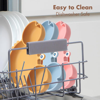 ROCCED Suction Plates for Baby, Silicone Plates with Suction Divided, Baby Spoon Fork Set for Toddler Baby Dishes Kids Utensils-Crab Dusty Blue